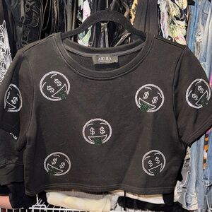 Akira Black Crop Top with Dollar Sign Design